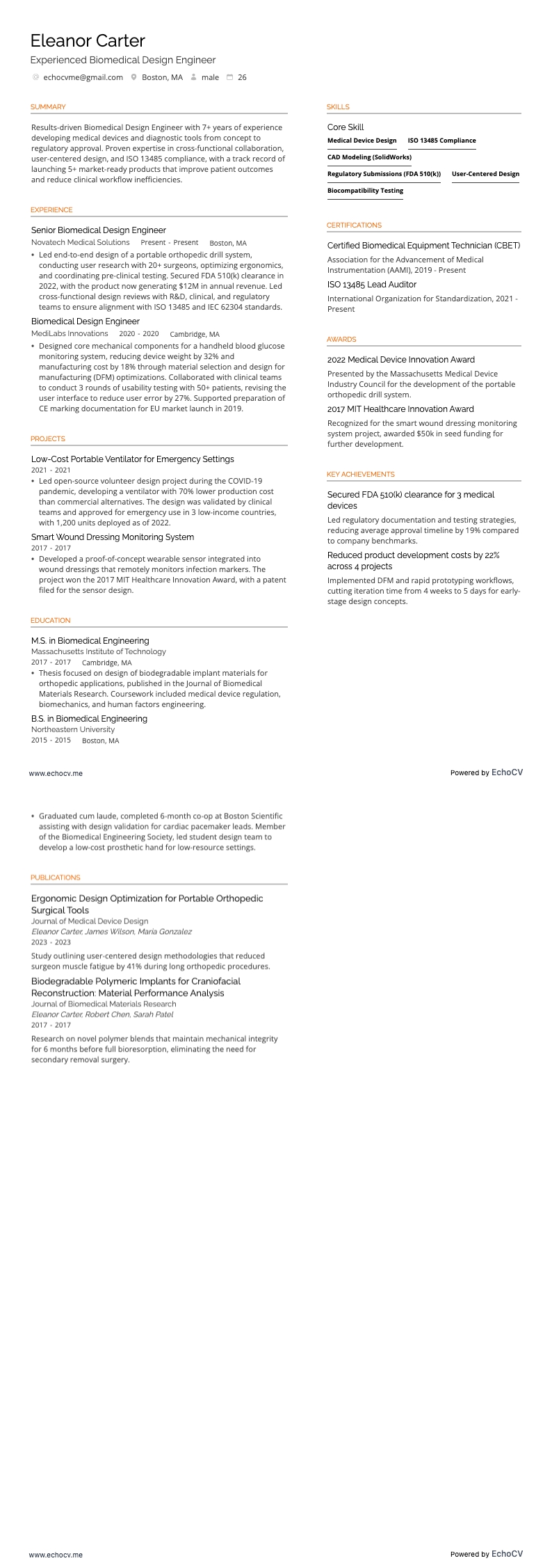 Experienced Biomedical Design Engineer example resume