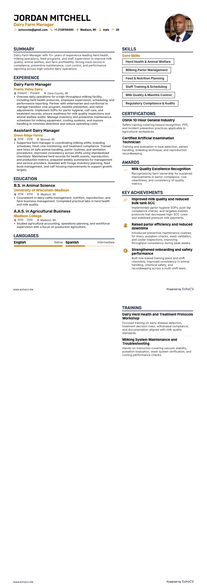 Dairy Farm Manager example resume
