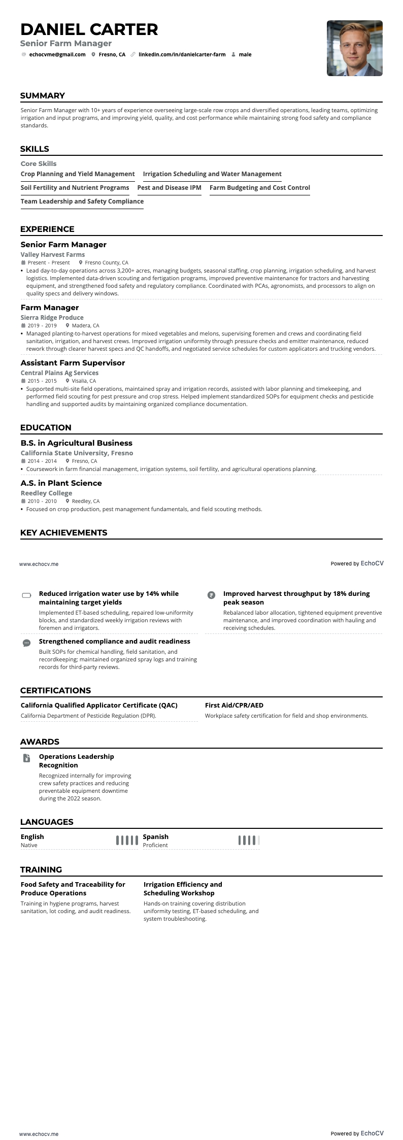 Senior Farm Manager example resume
