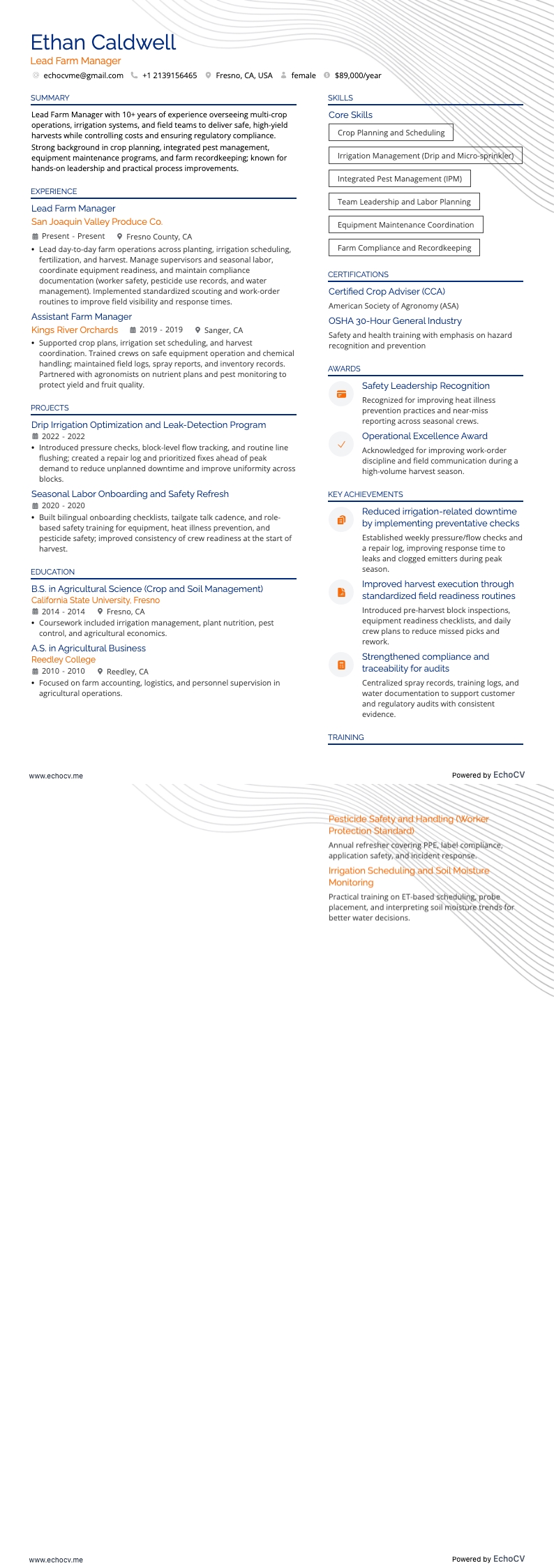 Quản lý nông trại resume example