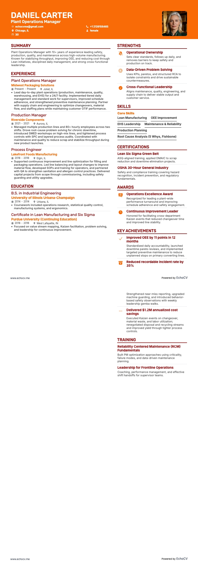 Gerente de planta resume example