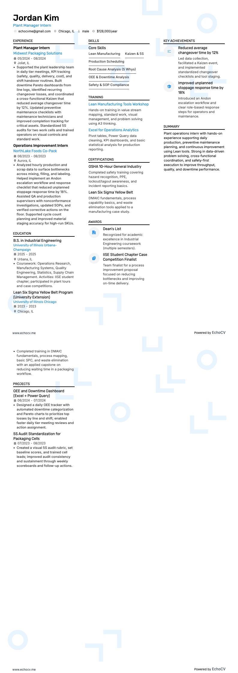 공장 관리자 인턴 example resume