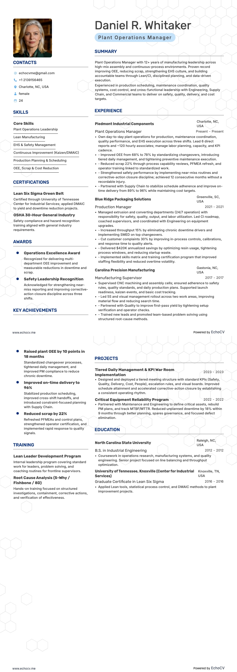 Plantmanager resume example