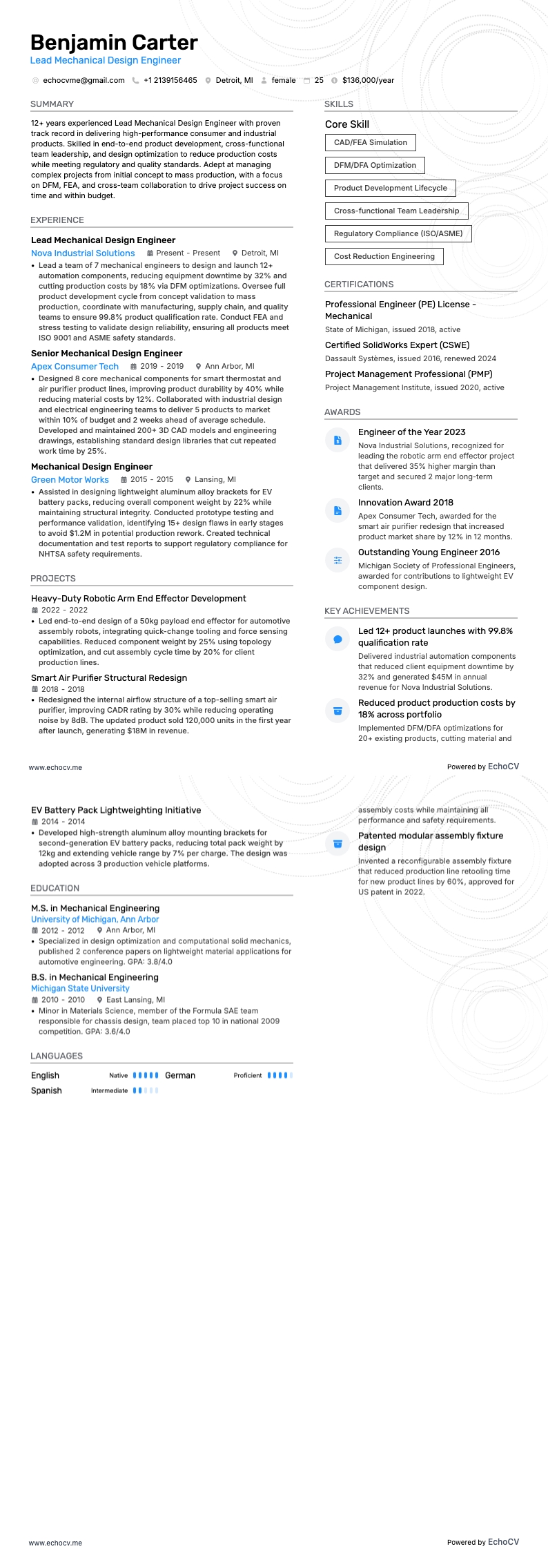 Kỹ sư thiết kế cơ khí resume example