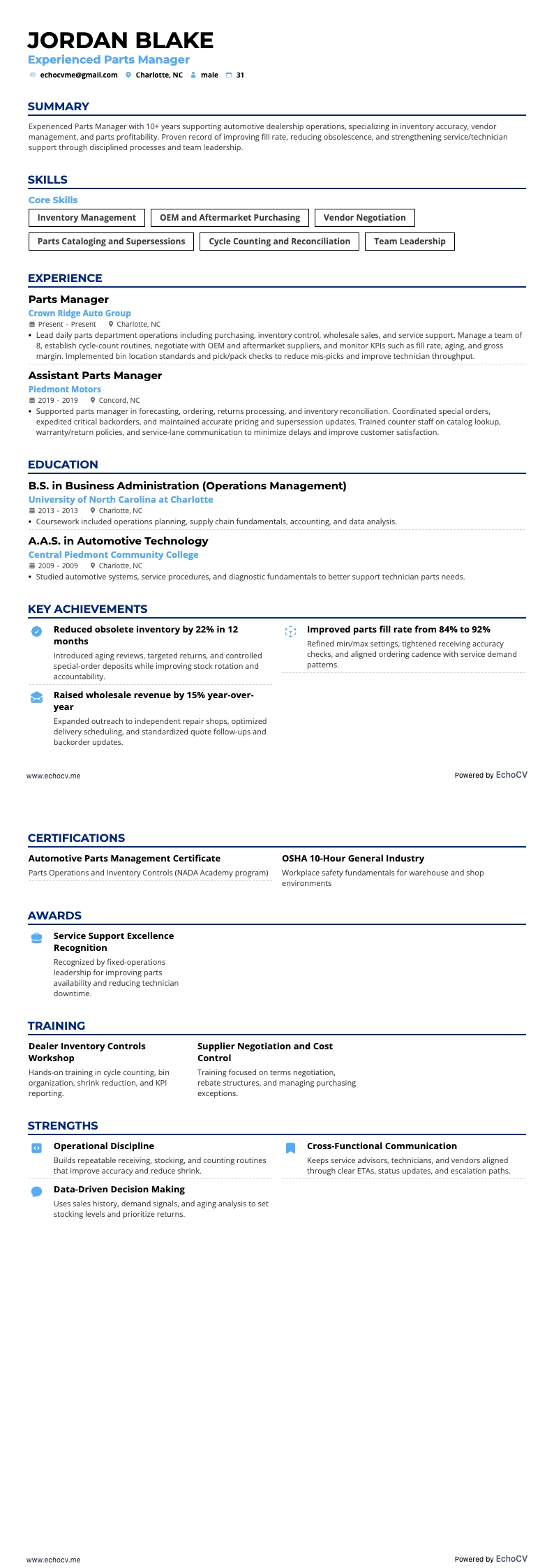 部品マネージャー resume example