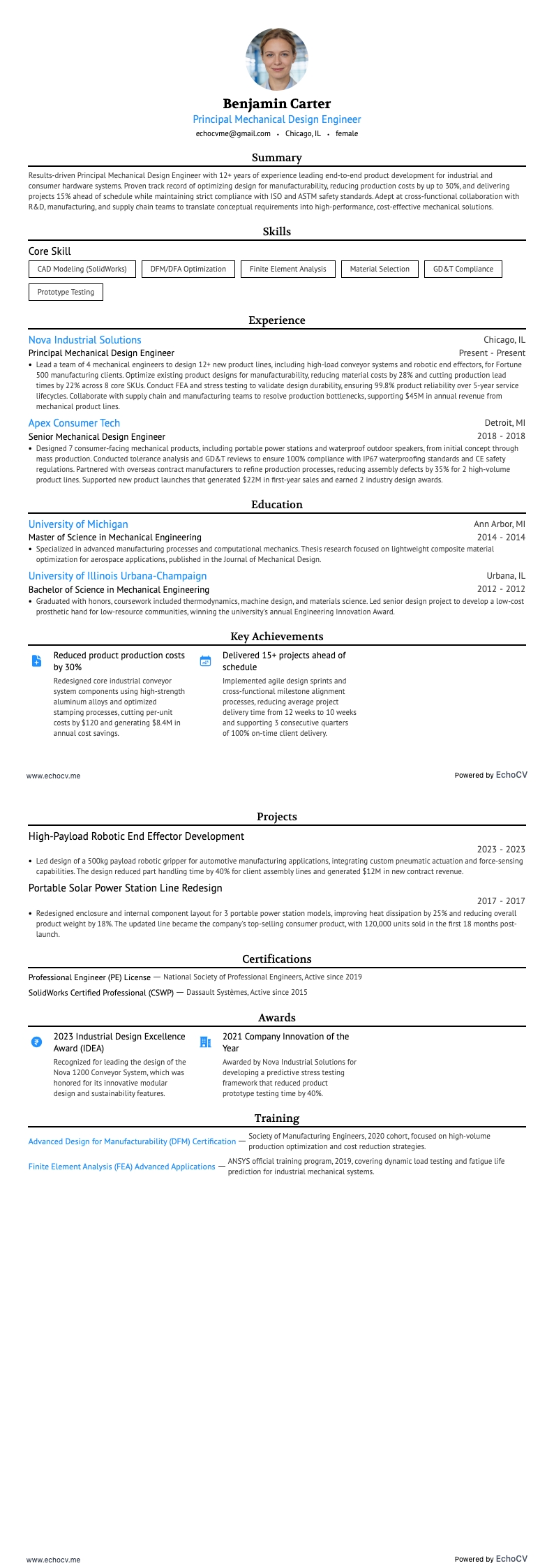 Kỹ sư thiết kế cơ khí chính example resume