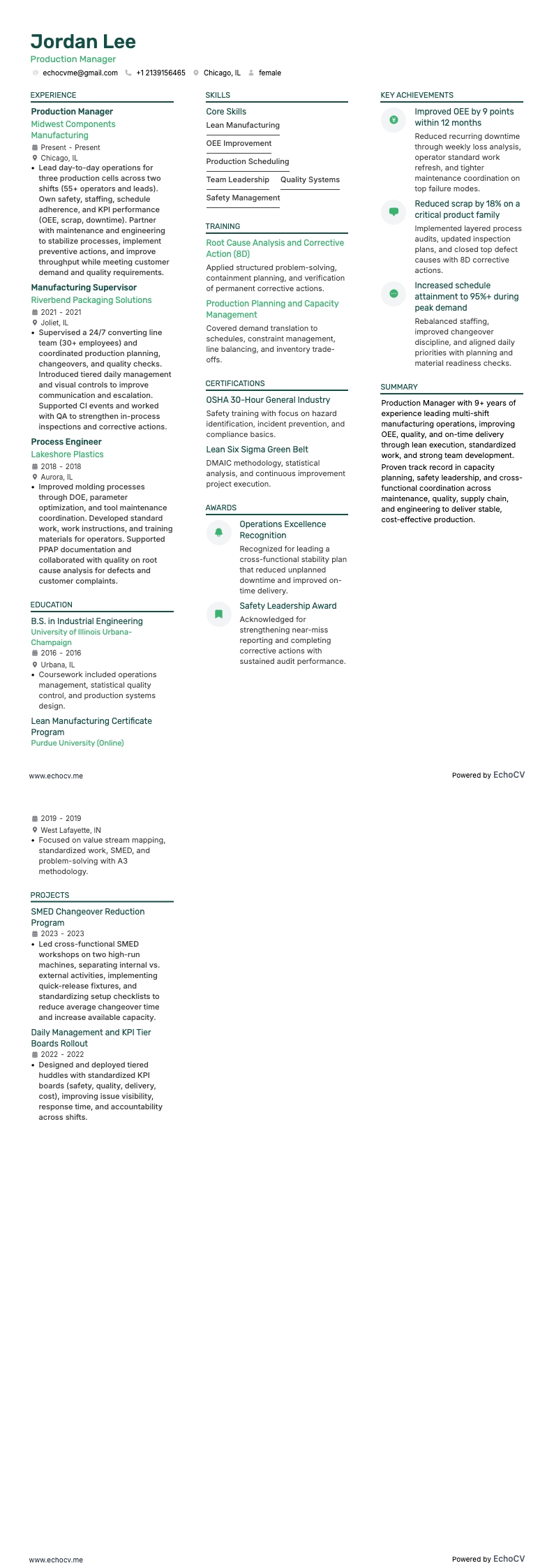 Produktionschef resume example