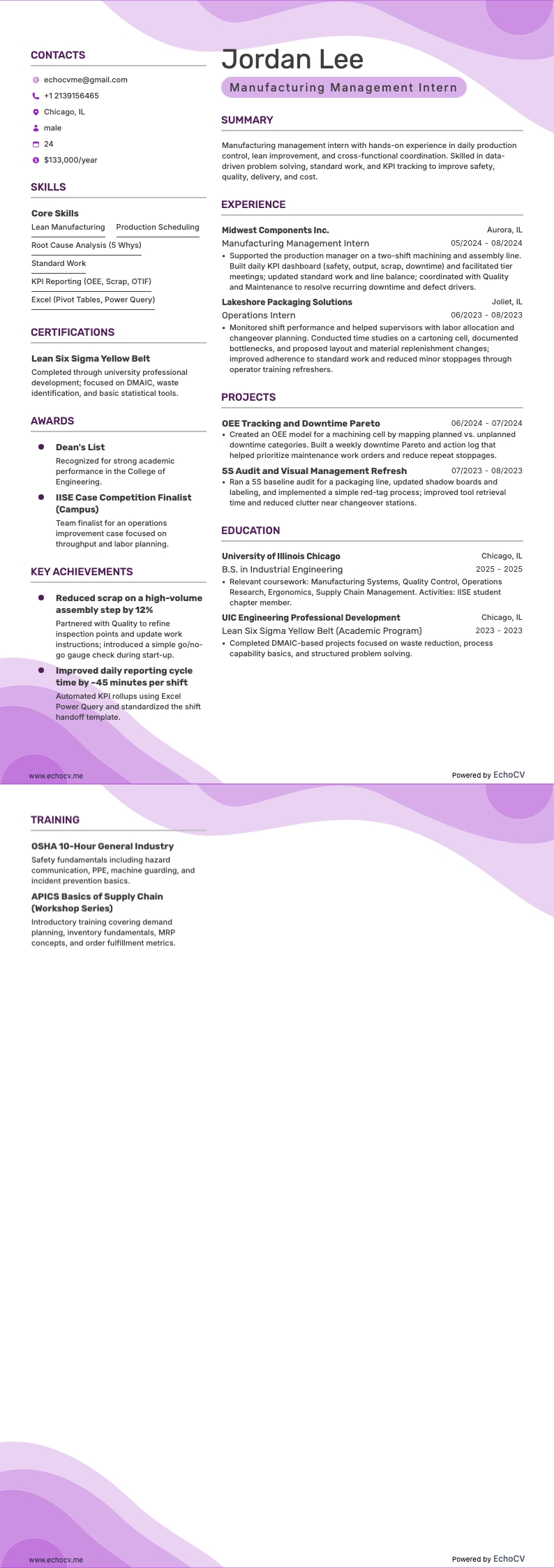 Thực tập sinh quản lý sản xuất example resume