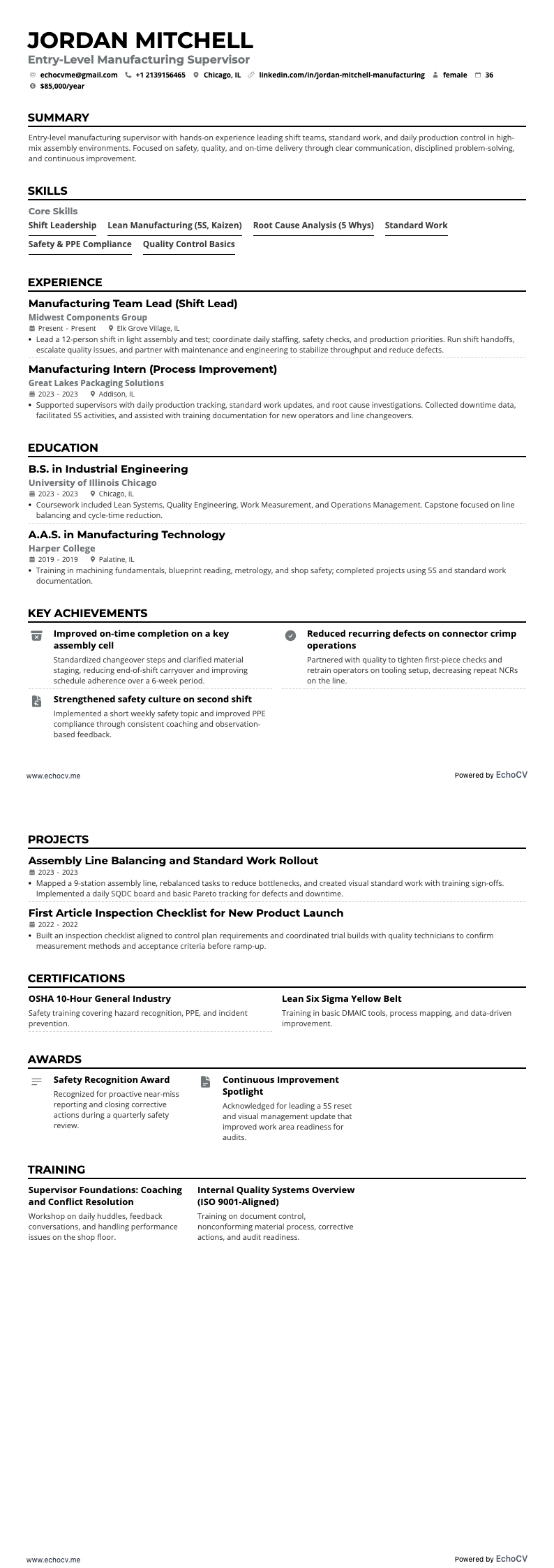 Quản lý sản xuất resume example