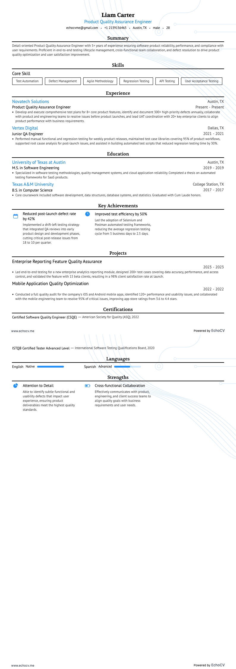 Engenheiro de garantia da qualidade do produto example resume
