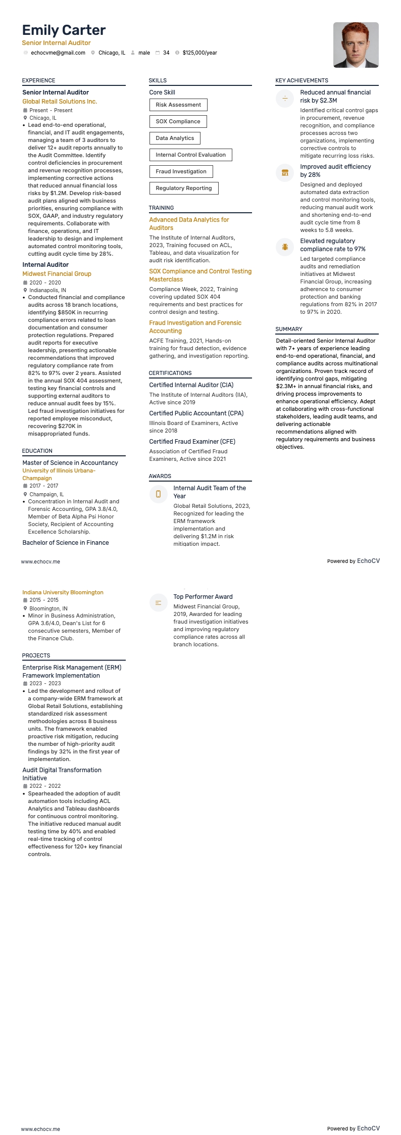 Auditeur interne senior example resume
