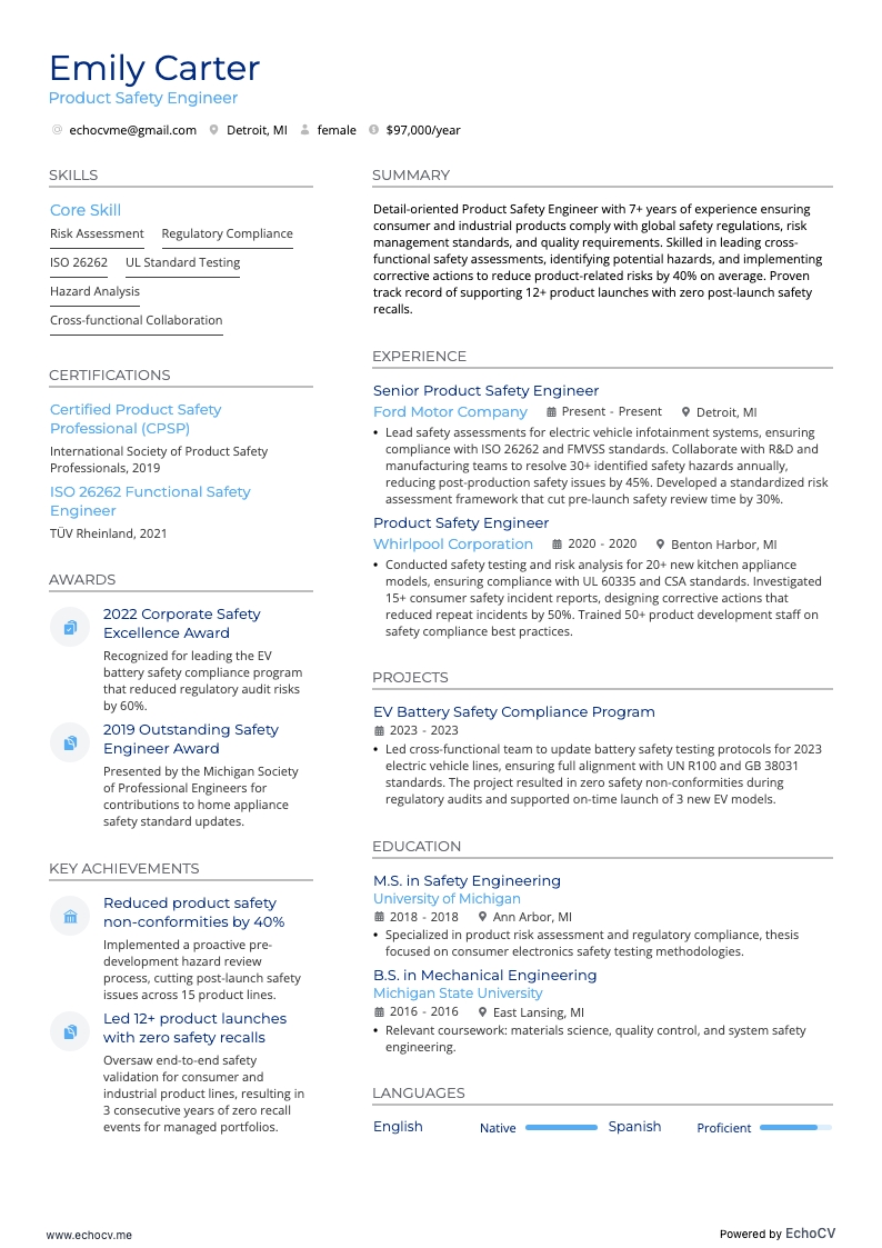 Engenheiro de segurança de produto example resume