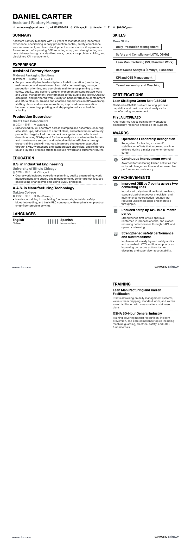 Fabrieksmanager resume example
