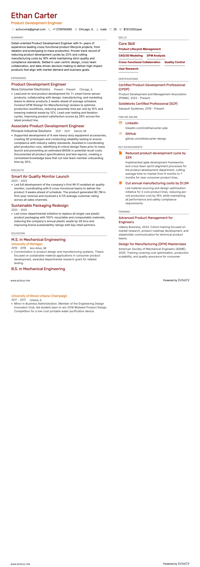 Engenheiro de desenvolvimento de produtos example resume