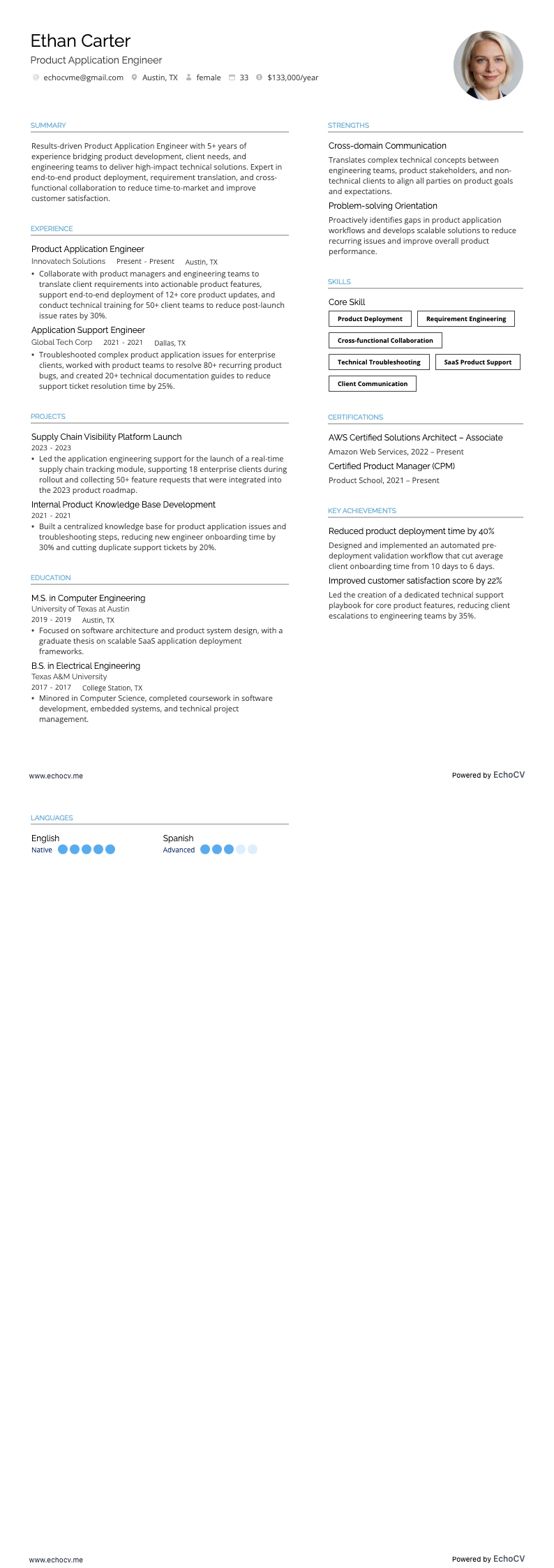 Engenheiro de aplicação de produto example resume