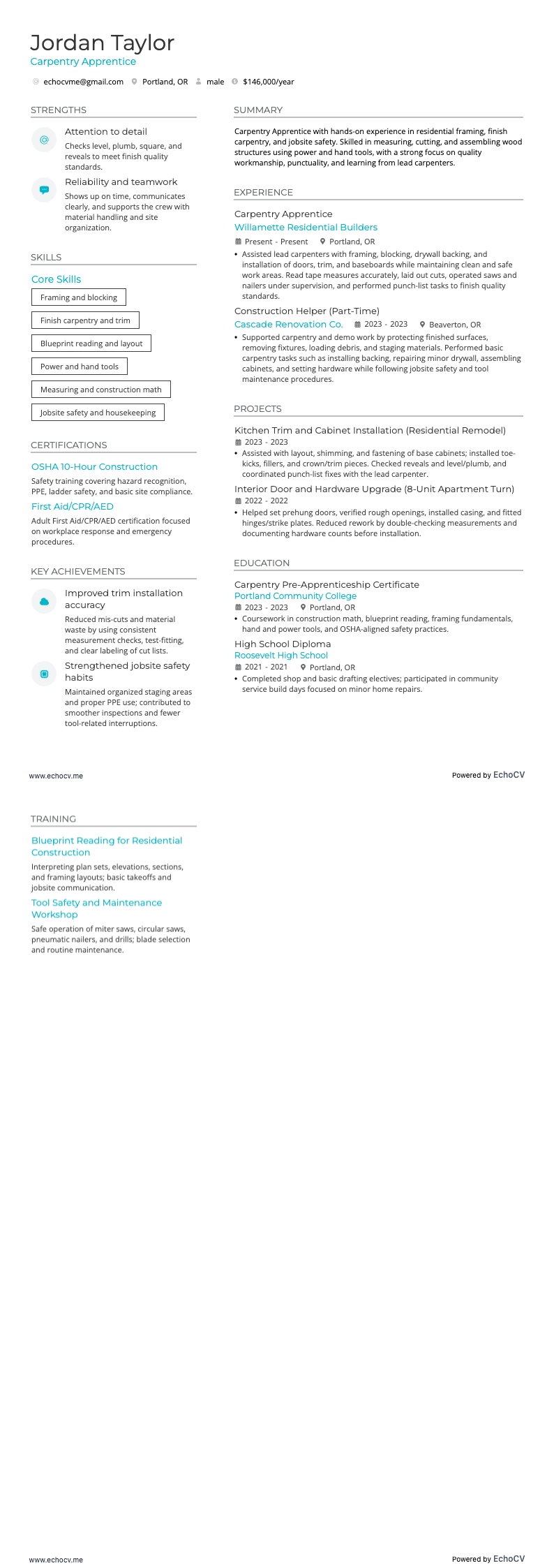 Thợ mộc resume example