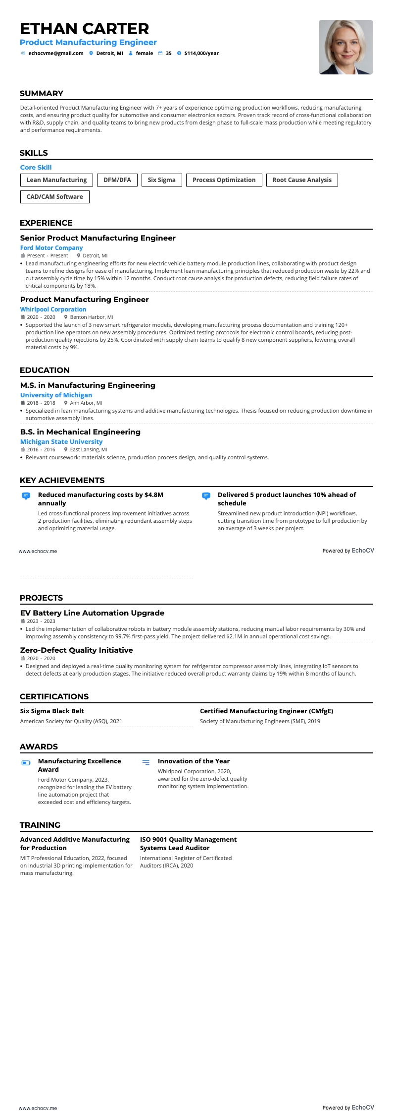 Engenheiro de fabricação de produtos example resume