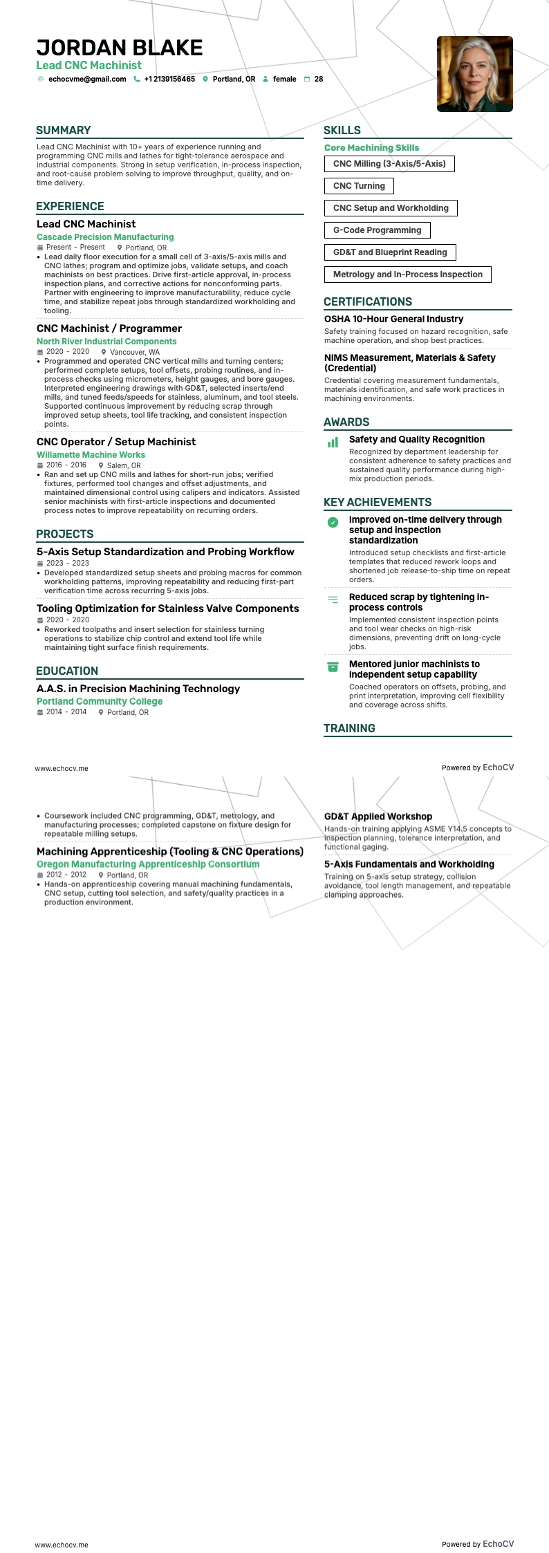 Lead CNC Machinist example resume
