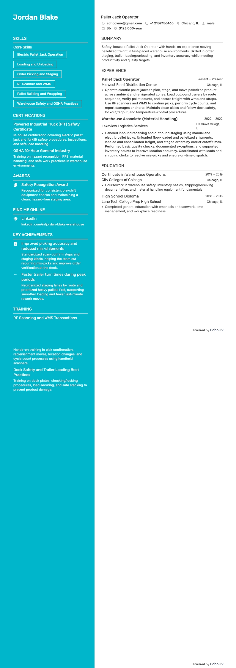 Operador de transpaleta example resume