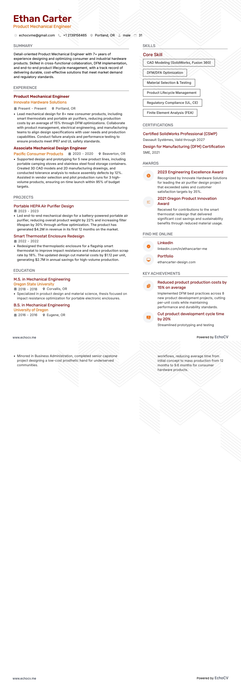 Engenheiro mecânico de produto example resume