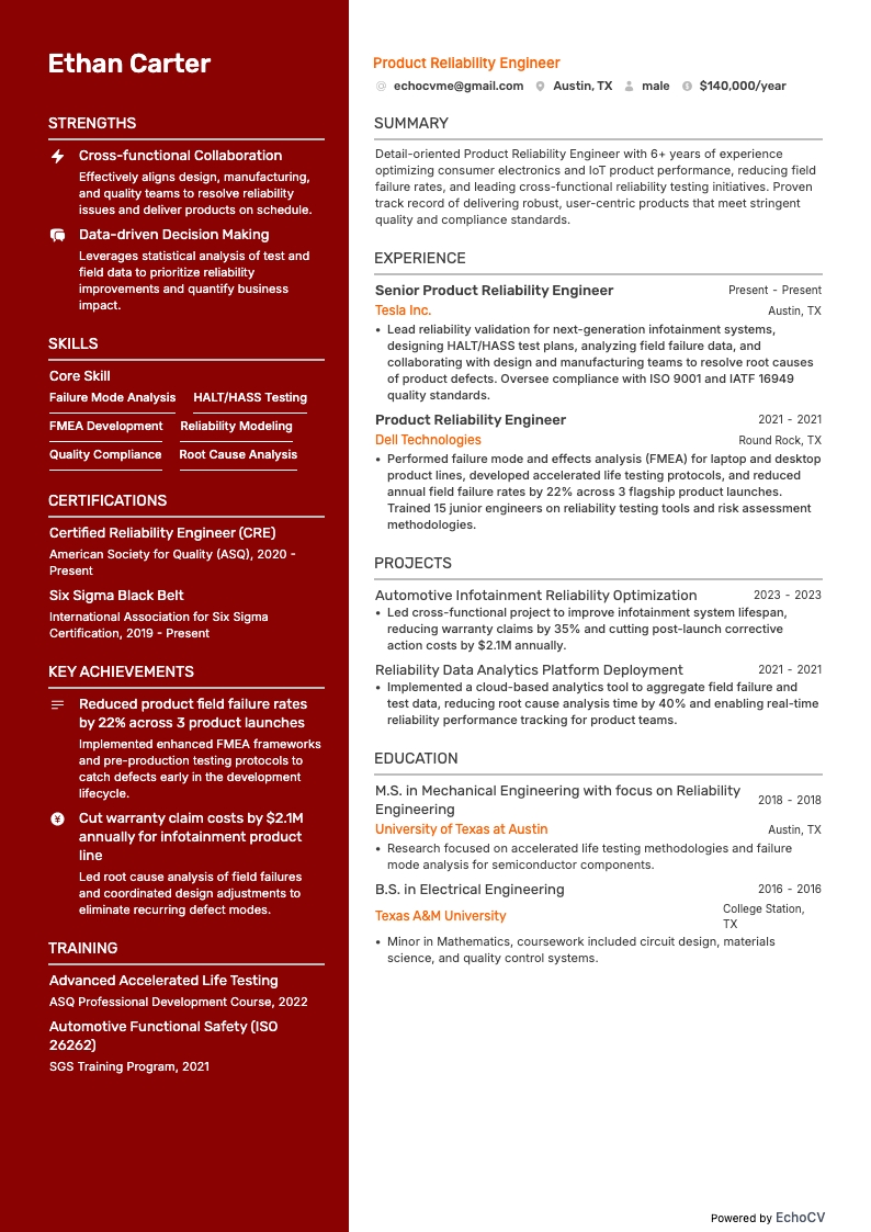 Engenheiro de confiabilidade do produto example resume