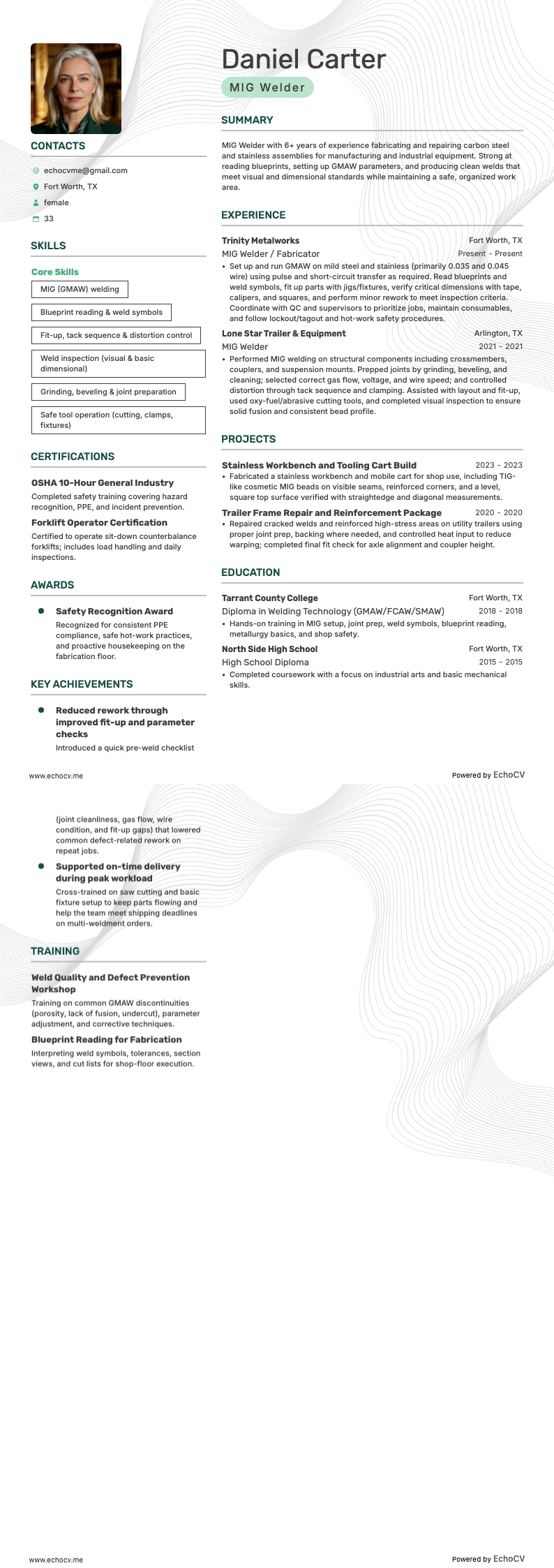 Soldador MIG example resume