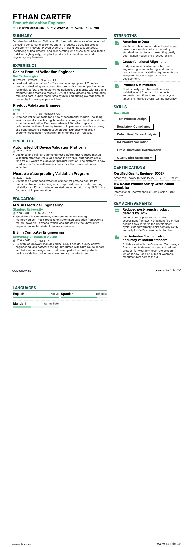 Engenheiro de validação de produto example resume