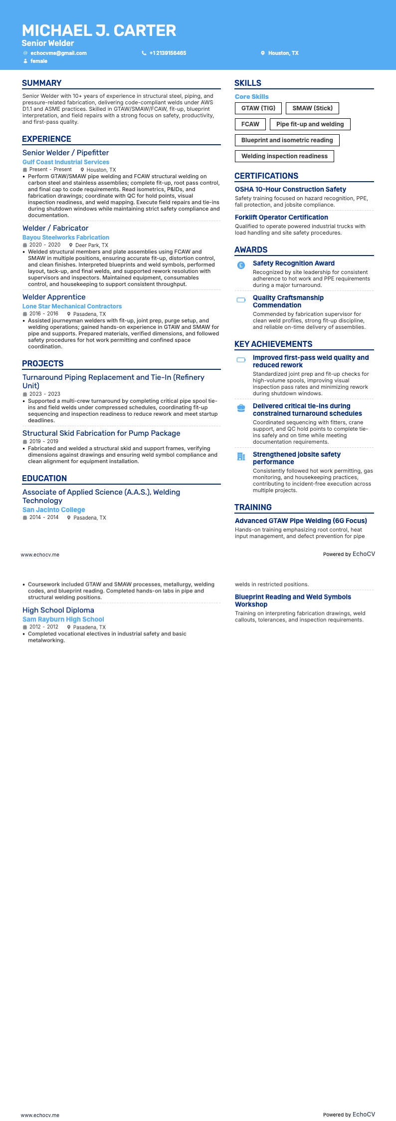 Soldador sênior example resume