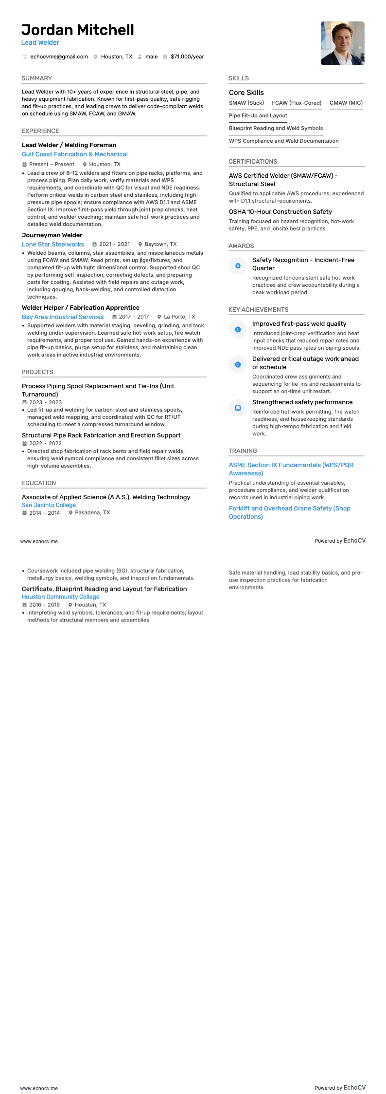 Soldador resume example