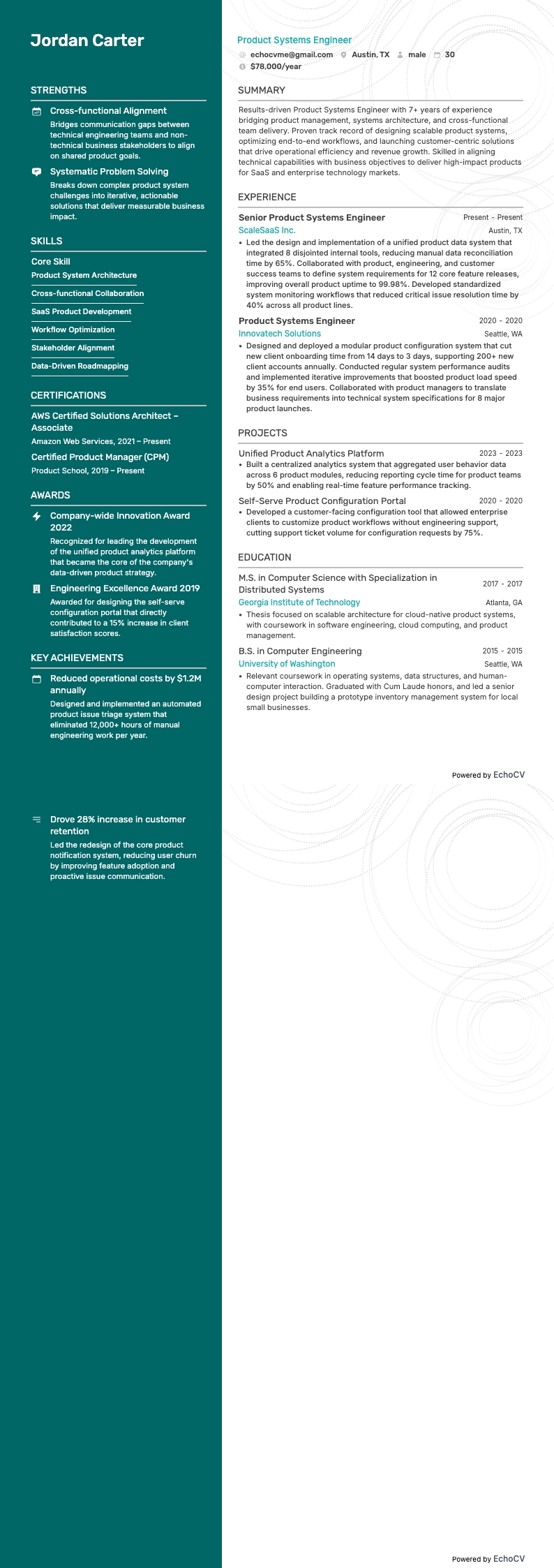 Engenheiro de sistemas de produto example resume