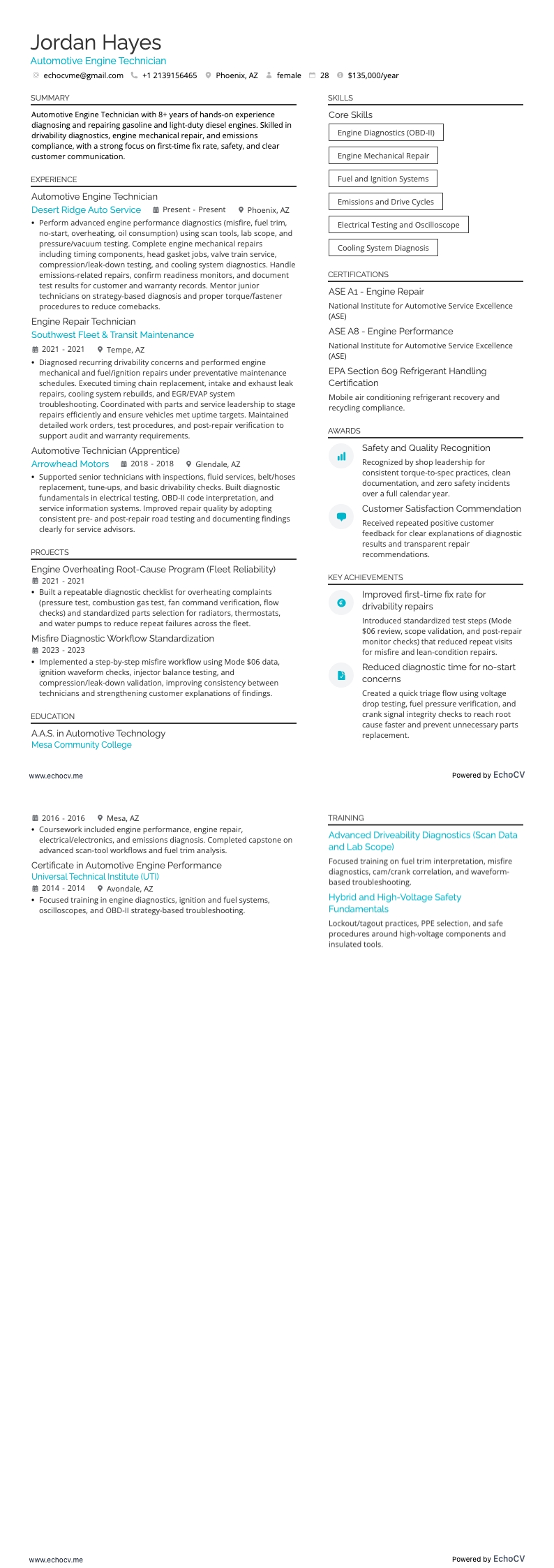 Automotive Technician resume example