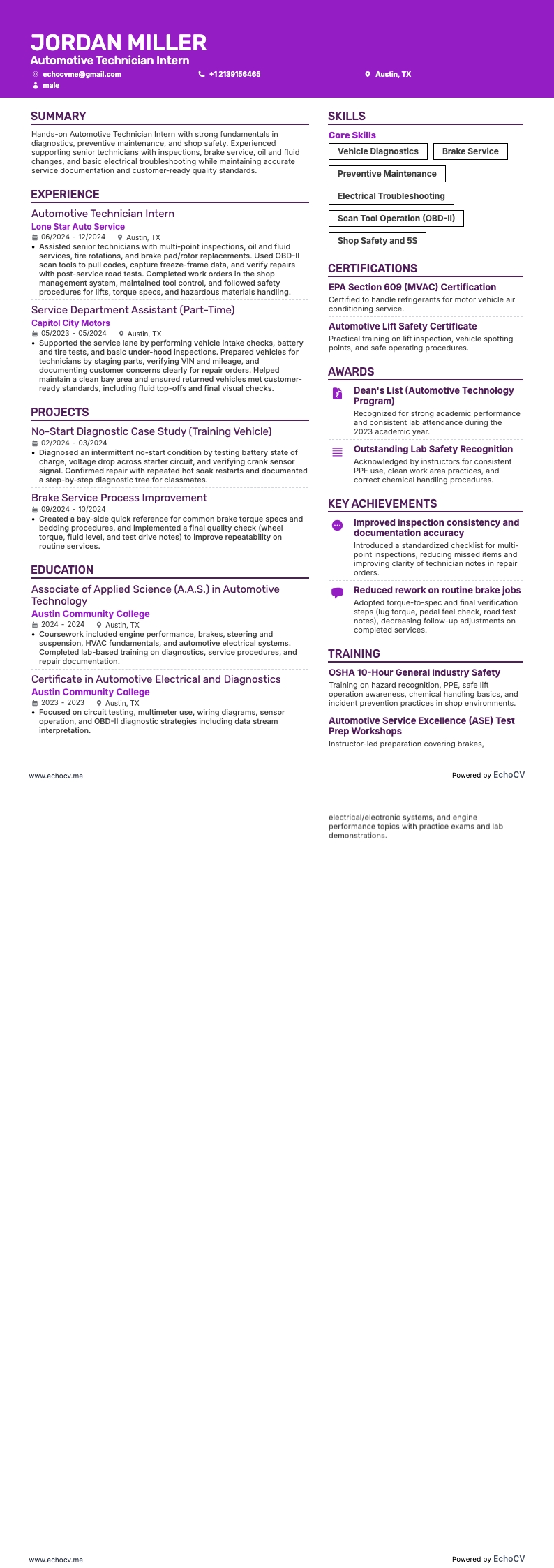 Kfz-Mechatroniker resume example