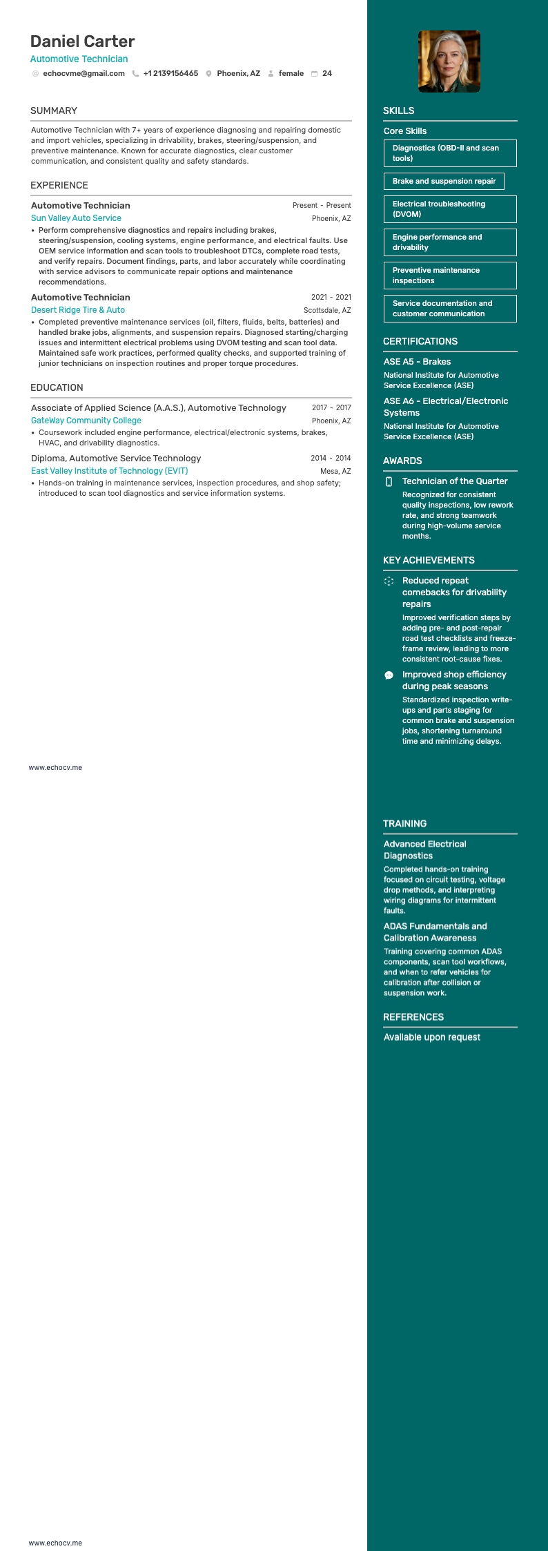 Técnico automotivo resume example