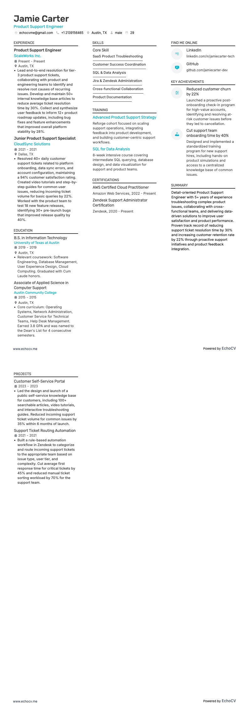 Engenheiro de suporte ao produto example resume