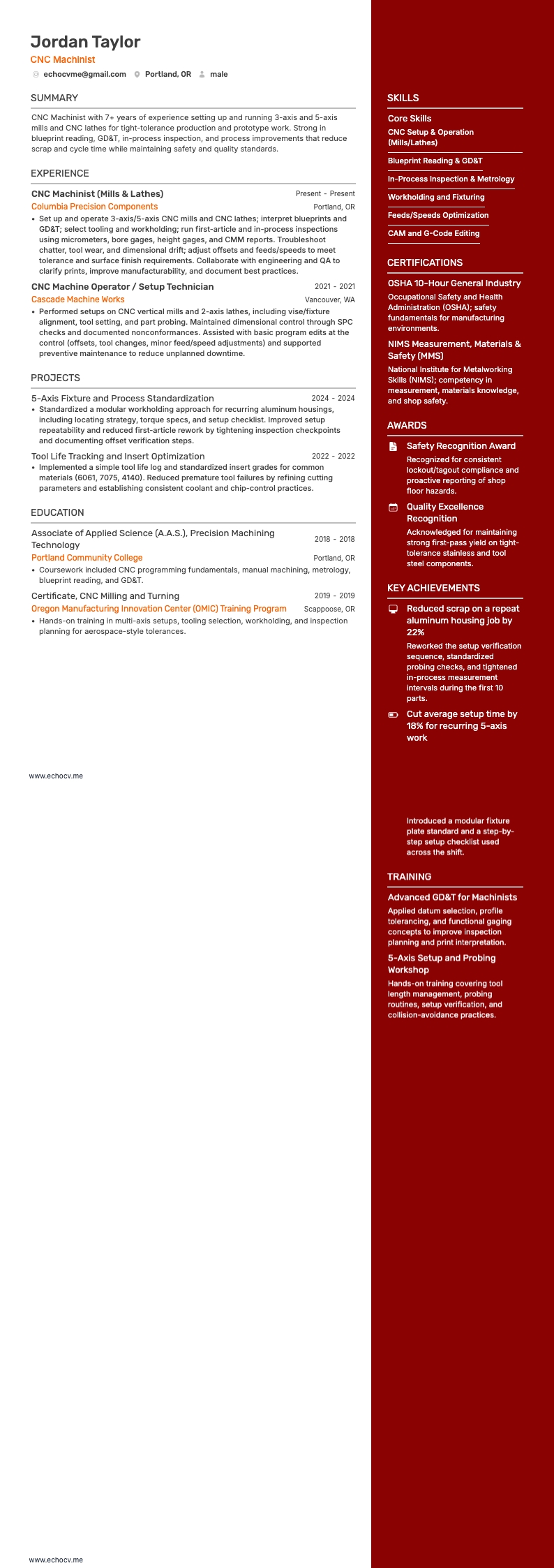 Machiniste CNC example resume