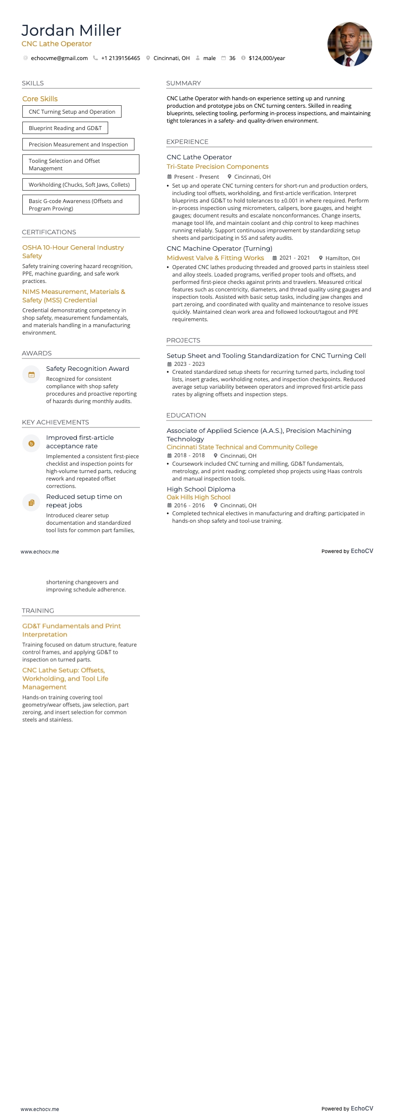 Opérateur sur tour CNC example resume