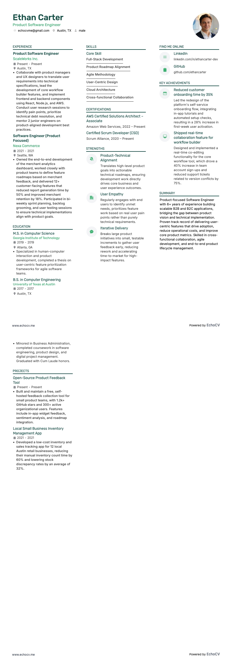 Engenheiro de software de produto example resume