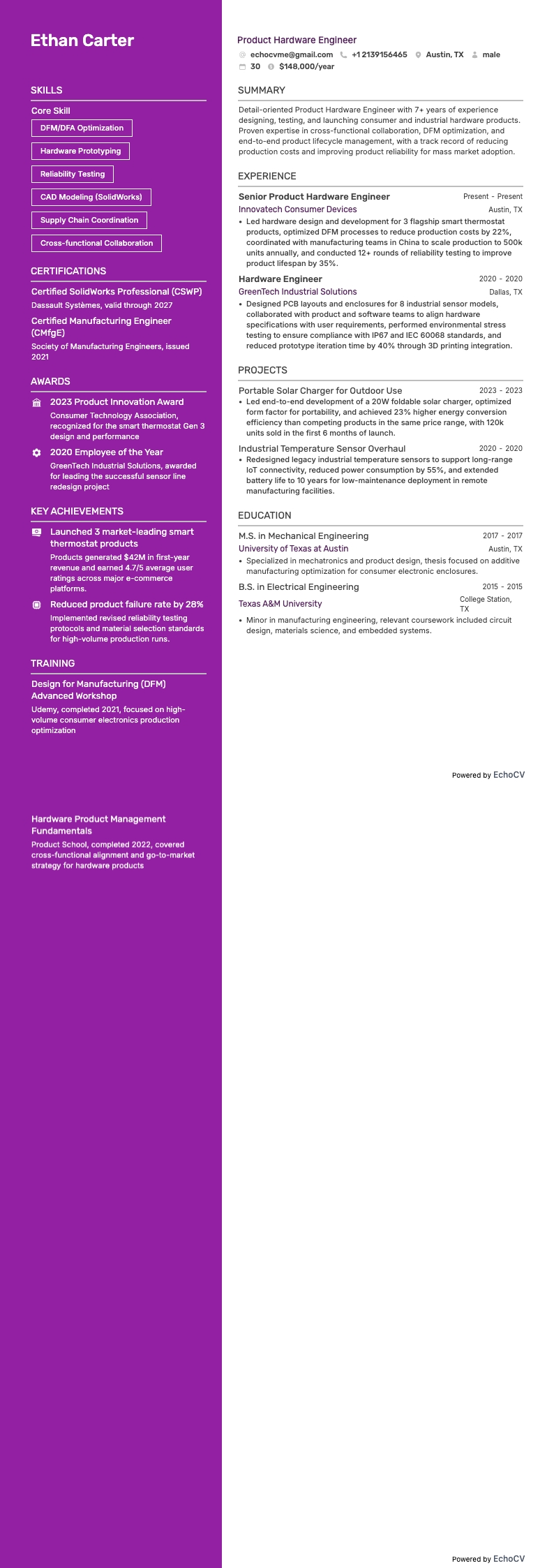Engenheiro de hardware de produto example resume
