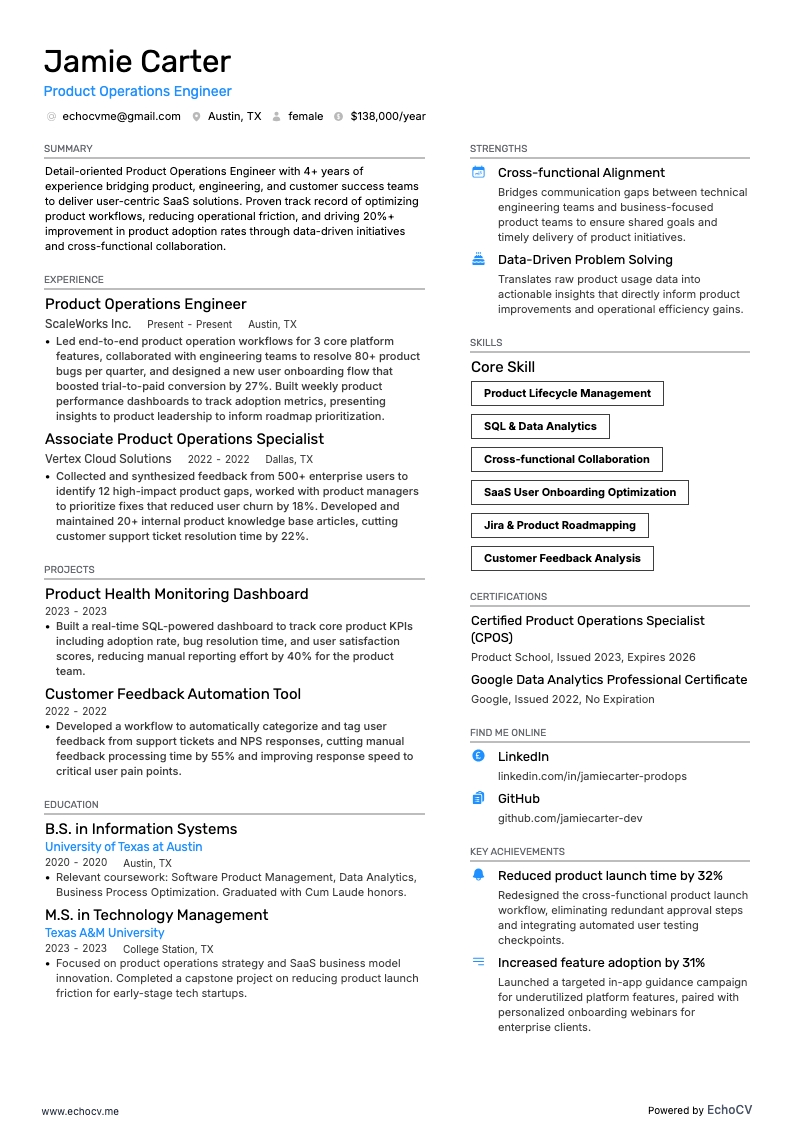 Engenheiro de Operações de Produto example resume