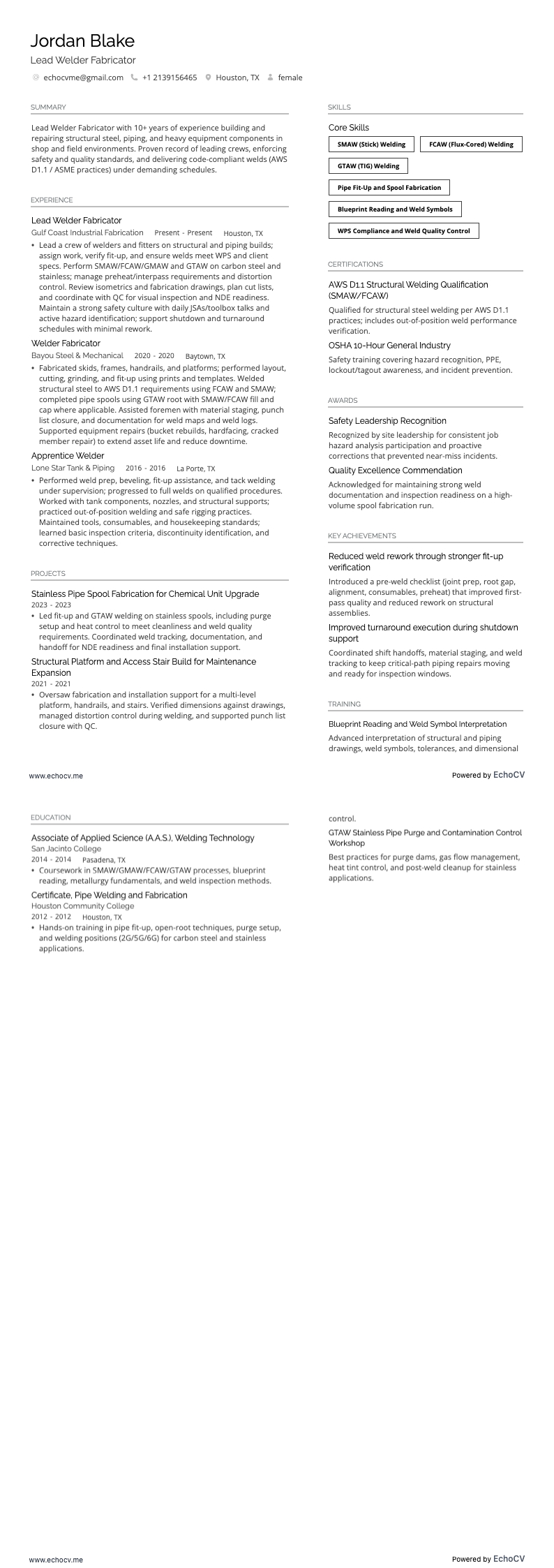 Welder Fabricator resume example