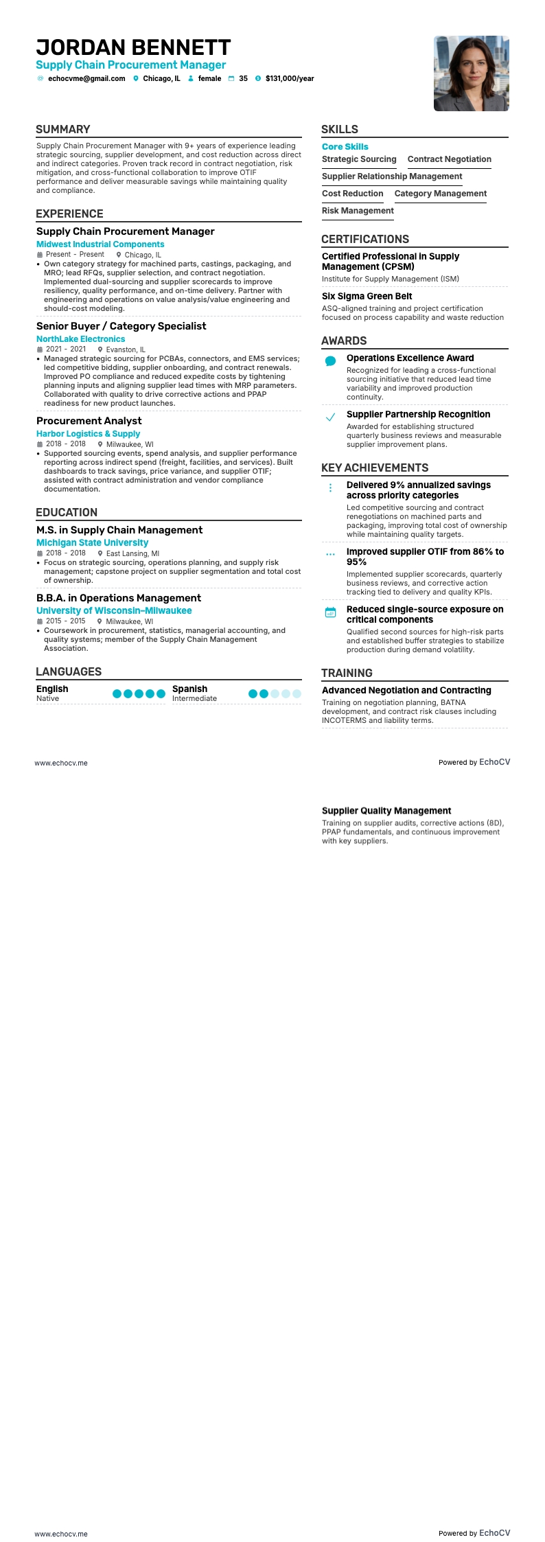 供应链采购经理 example resume