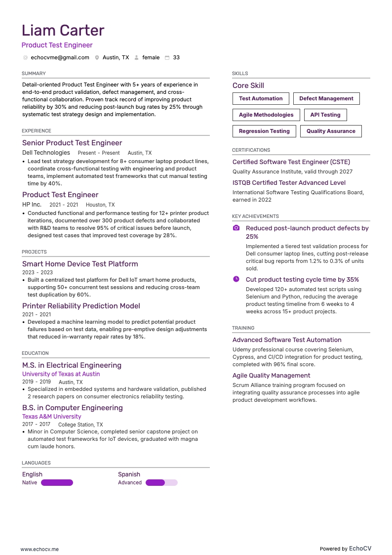 Engenheiro de testes de produto example resume