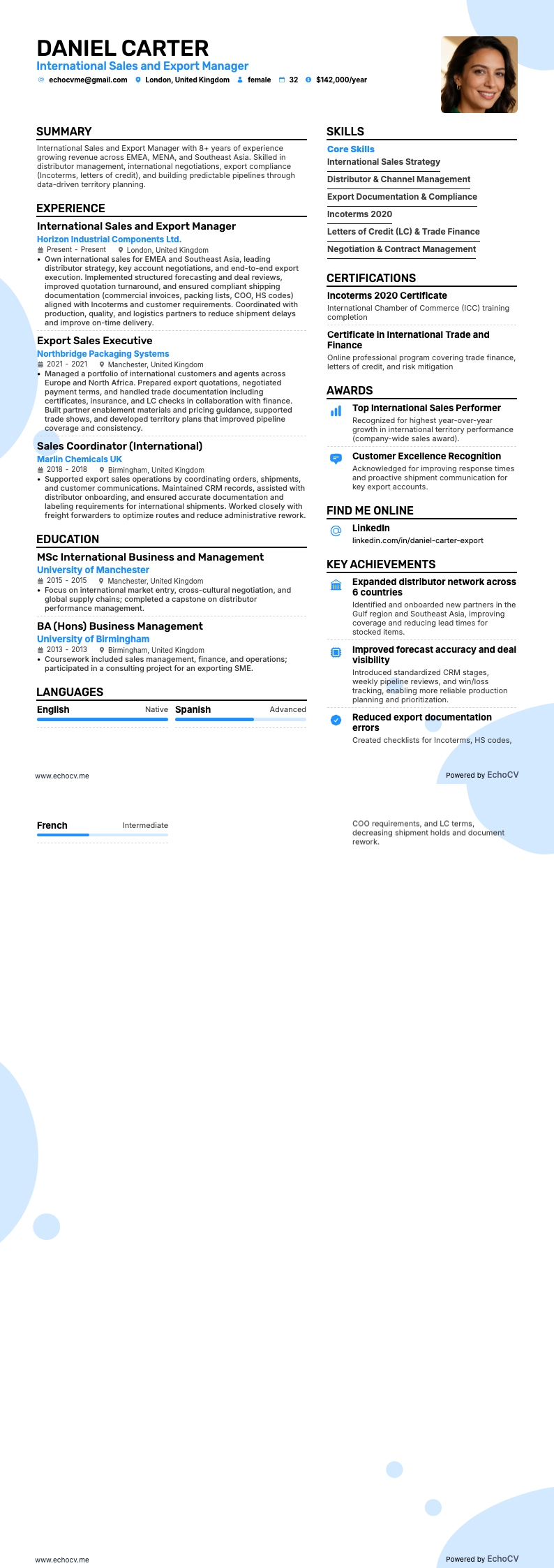 Quản lý xuất khẩu resume example