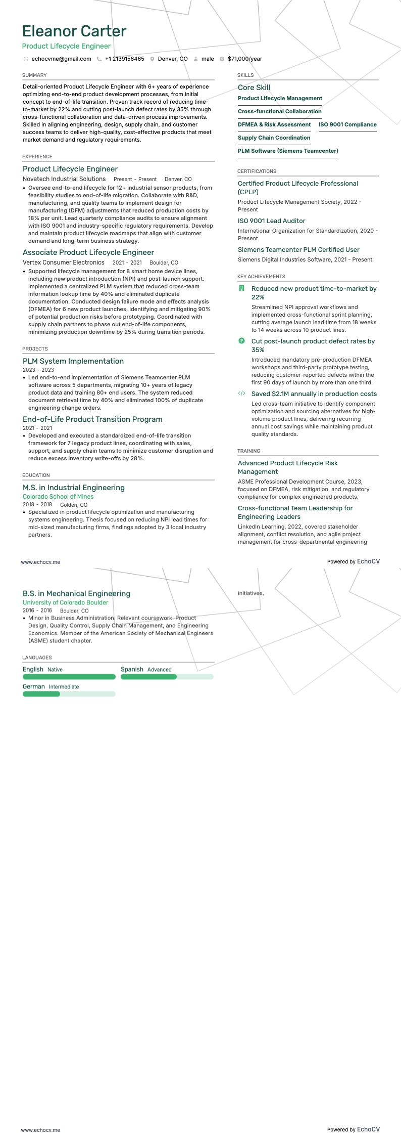 Engenheiro de ciclo de vida do produto example resume