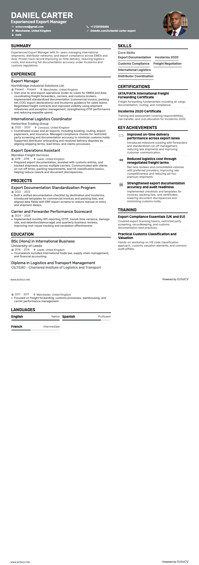 Quản lý xuất khẩu giàu kinh nghiệm example resume