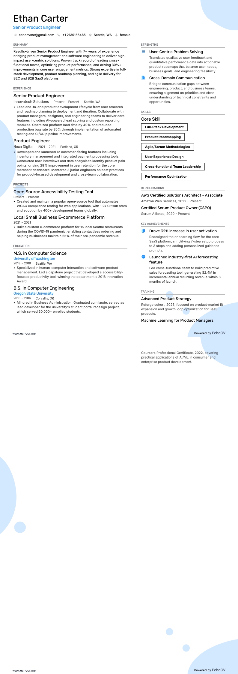 Engenheiro de Produto Sênior example resume