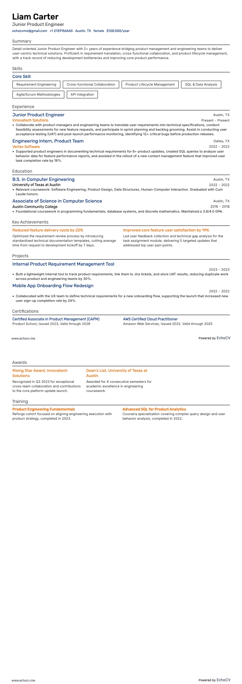 Engenheiro de Produto Júnior example resume