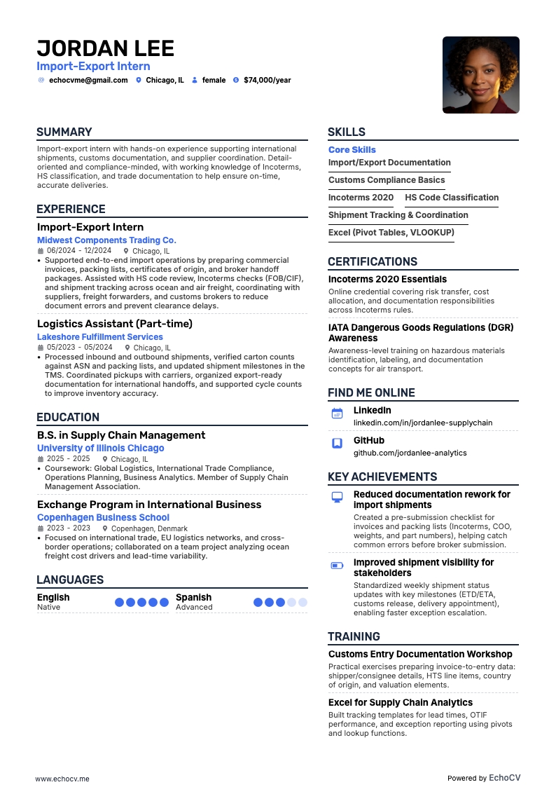 Import-Export Intern example resume
