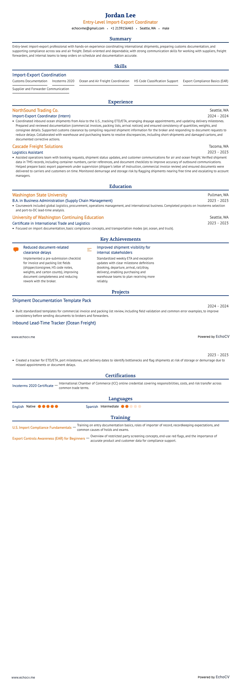 Entry-Level Import-Export Coordinator full preview