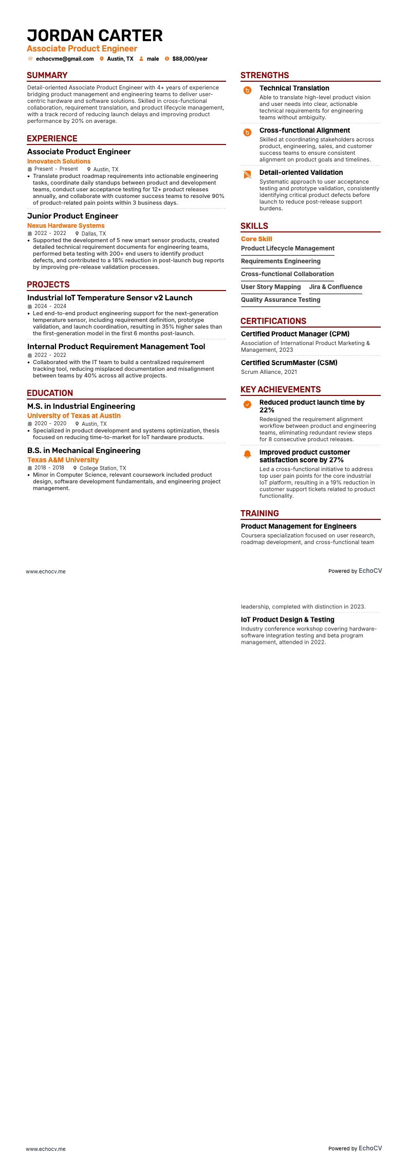 Engenheiro de produto resume example